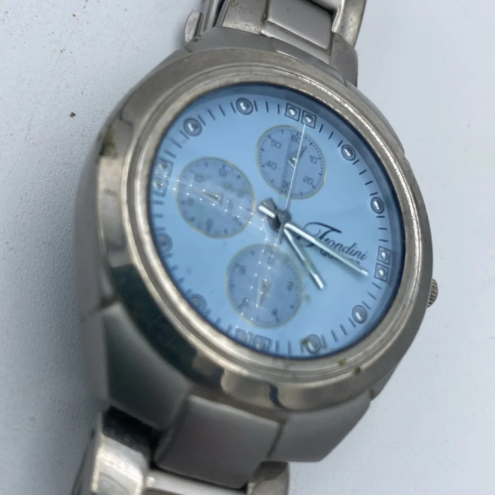 Fondini Men wristwatch watch chrome color light blue face stainless steel